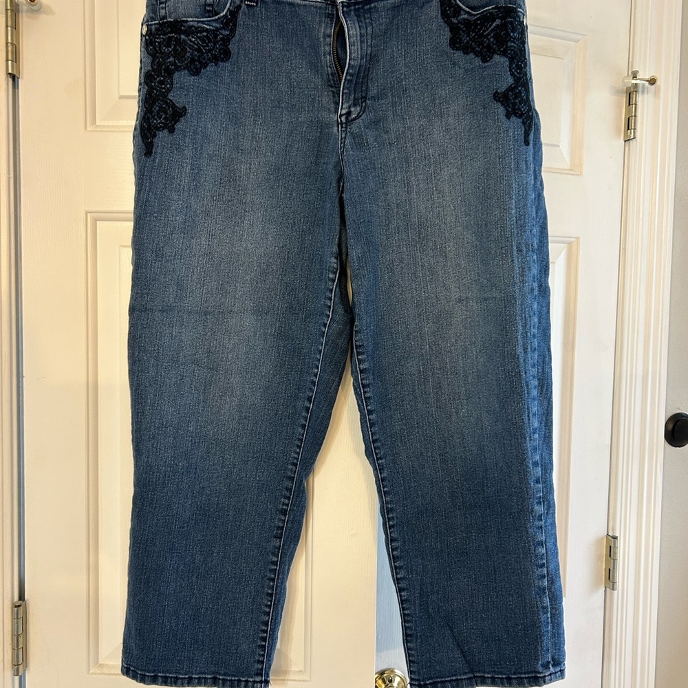 Style & Co. cropped jeans with embroidered detail.